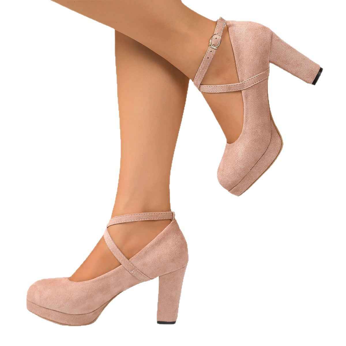 Shallow High-heel Chunky Heel Suede Cross-strap Women's Shoes