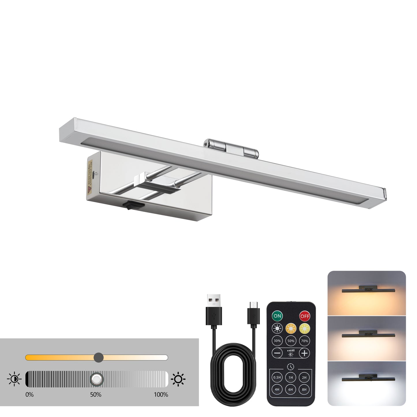 Battery Picture Light, 16 Inch Wireless Picture Light For Painting With Remote,Full Metal Rechargeable Art Light,Wall Sconce Display Lighting For Portrait, Photo Frame,Gallery, -Chrome