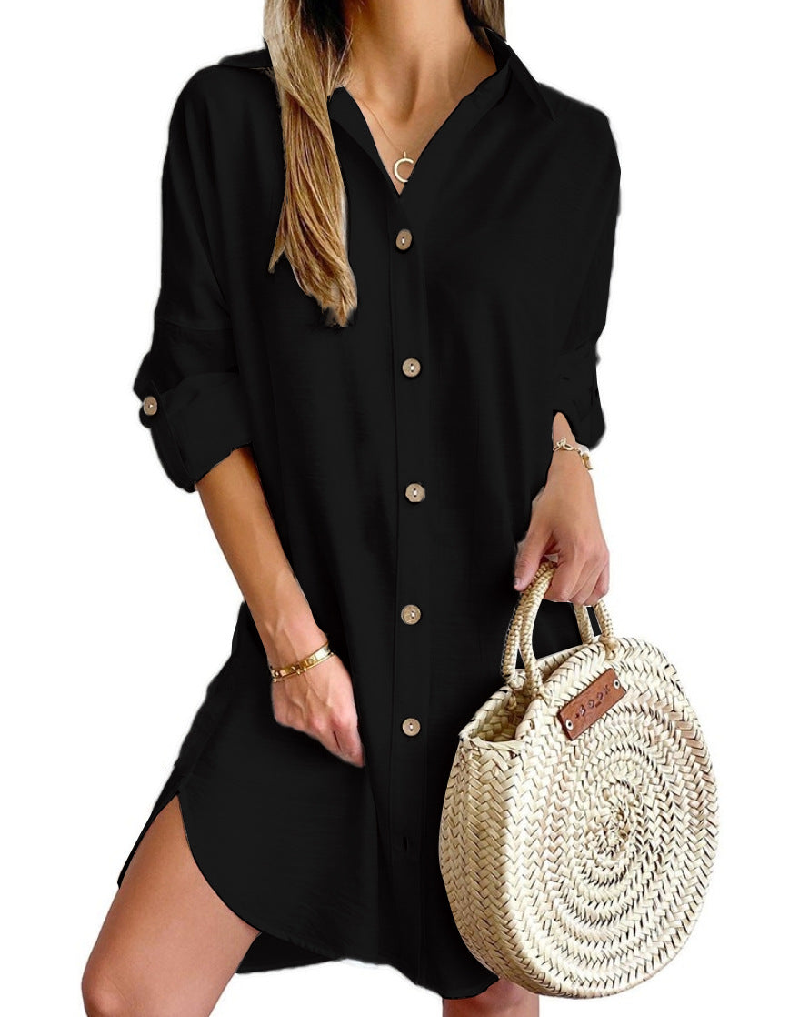 Autumn Casual Long Sleeve Lapel Button Shirt Dress - Women's Professional Style