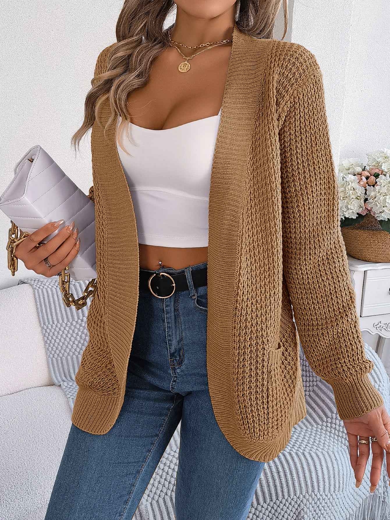 Women Casual Pocket Long Sleeve Knit Cardigan Sweater