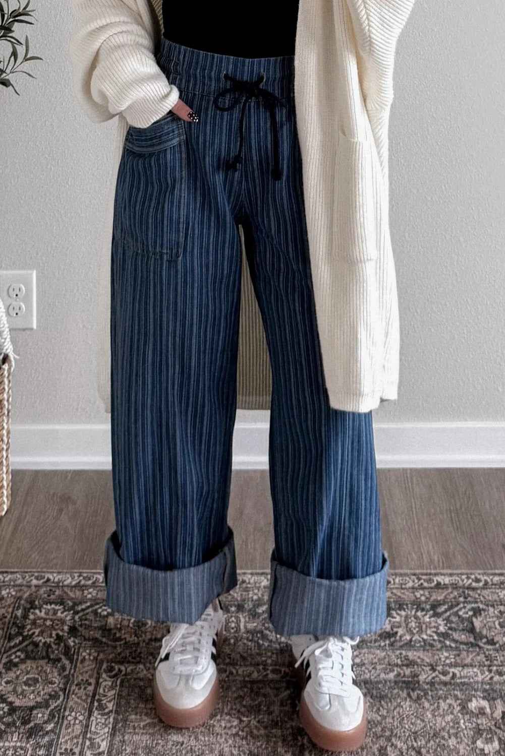 Women's Casual Loose Blue Striped Pants