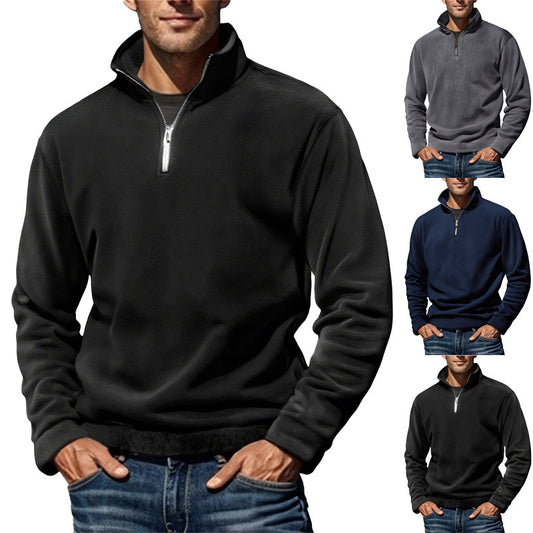 Men's Polar Fleece Stand Collar Pullover Sweater - Pure Color Casual Top