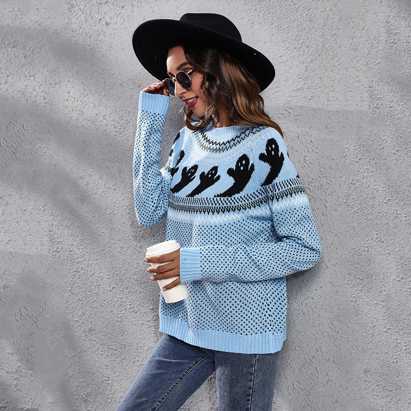 Halloween Ghost Polka Dot Sweater - Women's Loose Knitted Top