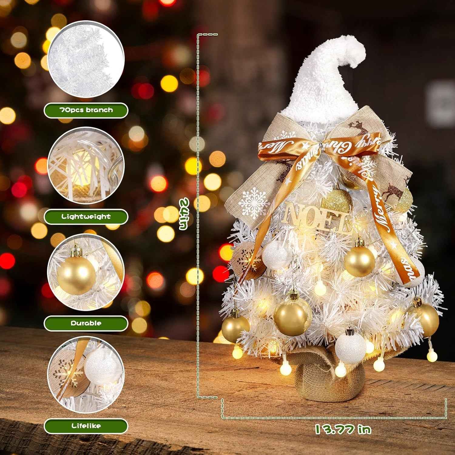 24-Inch Snowy Christmas Tree - Golden Balls, Ribbons & Festive Hat - DropOnline.co