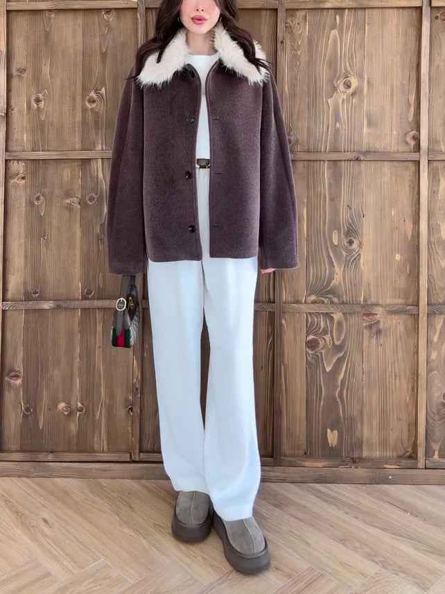 Brown Oversized Coat With White Faux Fur Collar