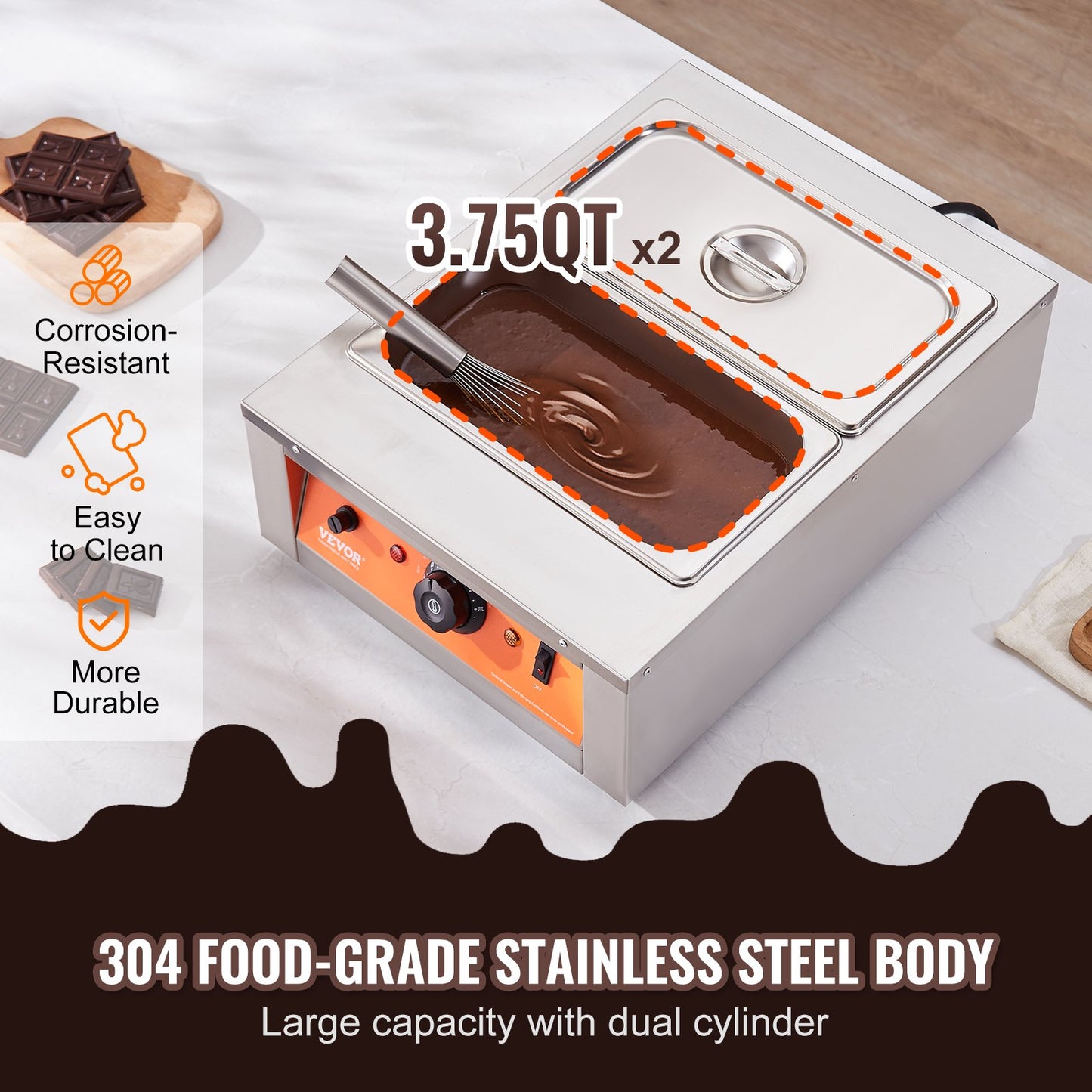 Chocolate Tempering Machine, 17.6 Lbs 2 Tanks Chocolate Melting Pot TEMP Control 86~185F, 1500W Stainless Steel Electric Commercial Food Warmer For Chocolate/Milk/Cream Melting And Heating