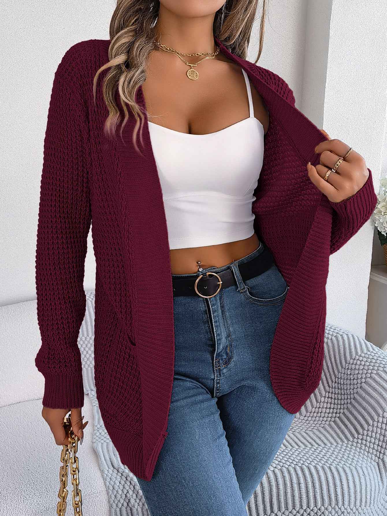 Women Casual Pocket Long Sleeve Knit Cardigan Sweater