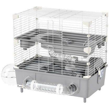 2-Tier Hamster Cage With Sand Bathroom, Running Wheel, Water Bottle, Tubes, Accessories, For Hamster, Gray - DropOnline.co