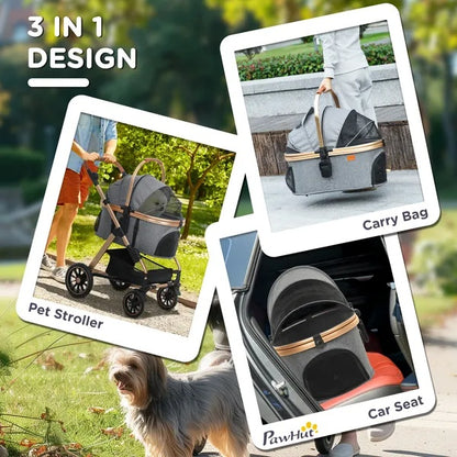 3 In 1 Dog Stroller With Detachable Cabin, 4 Wheel Folding Lightweight Pet Stroller For Small Dogs, Gray - DropOnline.co