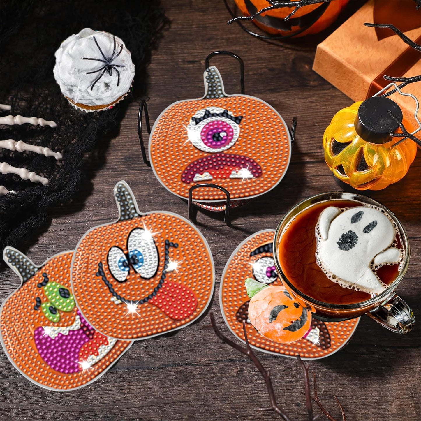 Halloween Rhinestone Art Coasters - 8 Pack Decorative Drink Coasters