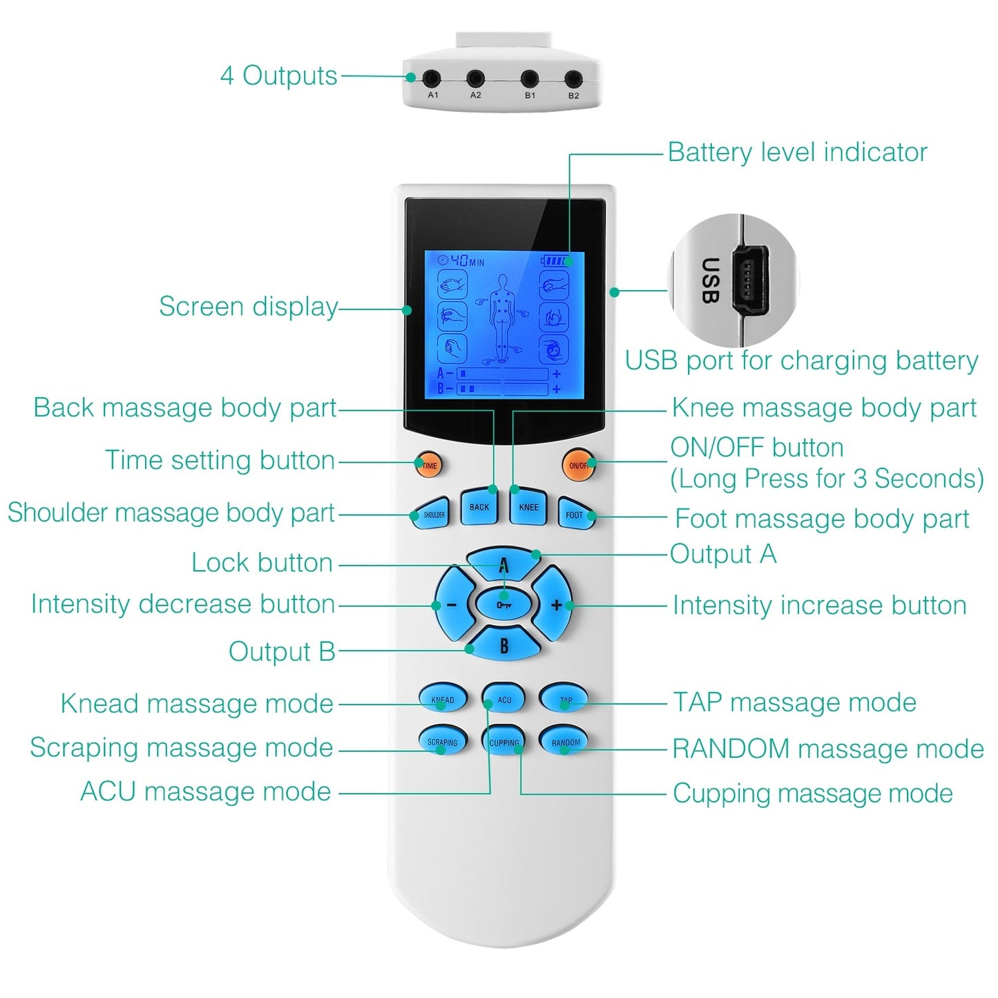 1Pc Tens Unit Machine Impulse Massager 10 Modes Pain Relief Body Massager Machine Muscle Stimulator With 4 Outputs And 8 Electrode Pads For Relief Relaxing Fitness