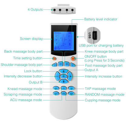 1Pc Tens Unit Machine Impulse Massager 10 Modes Pain Relief Body Massager Machine Muscle Stimulator With 4 Outputs And 8 Electrode Pads For Relief Relaxing Fitness - DropOnline.co