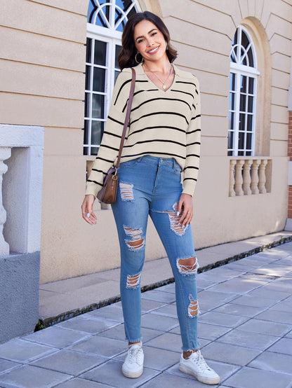 Women's Striped V-neck Long Sleeved Sweater - DropOnline.co