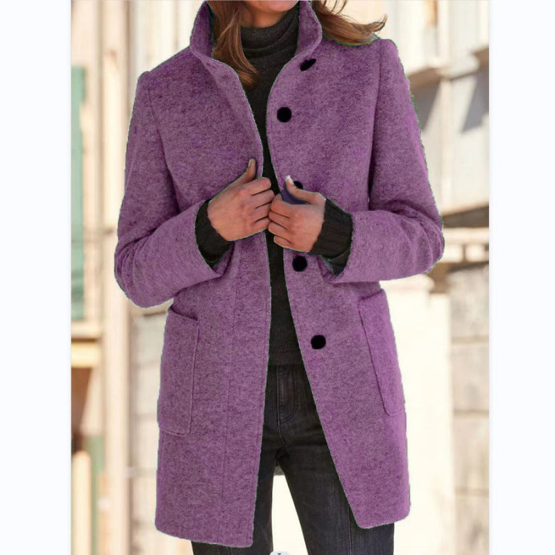 Pure Color Button Stand Collar Woolen Outwear