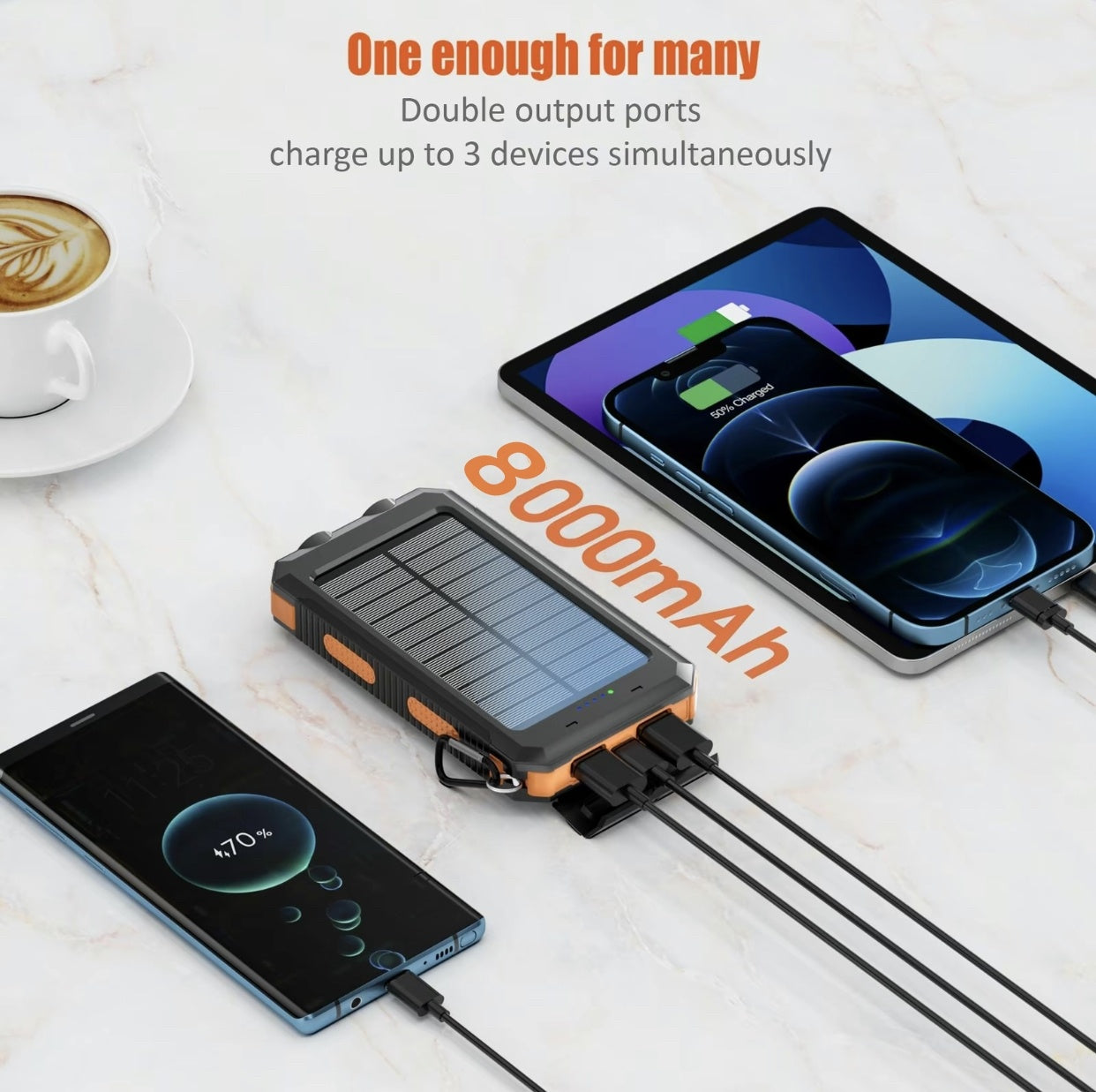 Solar Charger 8000mAh - Waterproof Portable Power Bank with LED Flashlight