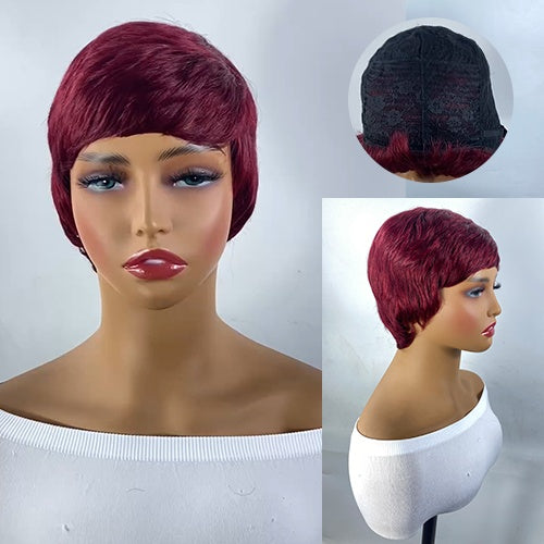 Short And Straight, Elf, Human Hair Non-toxic Wig, Burgundy, Short And Elf Haircut, Ladies Wig, Applicable To The Whole Scene.