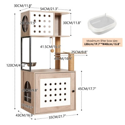 Cat Tree With Litter Box Enclosure, Allinone Cat Tower For Indoor Cats With Large Hammock, Bed, Food Station, Scratching Posts, Modern Style Pet Furniture, Gray White - DropOnline.co