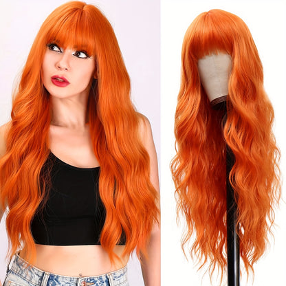 Elegant Long Orange Non-toxic Wig, Synthetic Wavy Hair Wig For Ladies, 28-inch Long Hair, Suitable For The Whole Scene - DropOnline.co