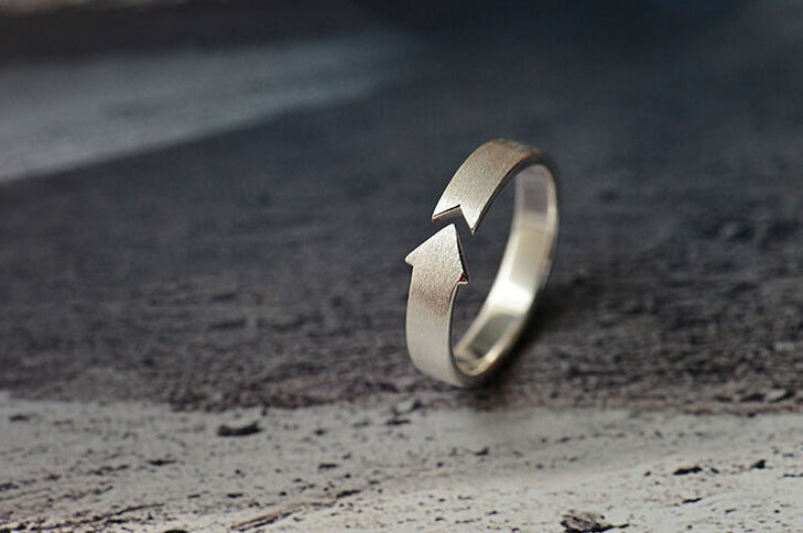 Sterling Silver Arrow Couple Ring - Brushed Finish Adjustable Band Set