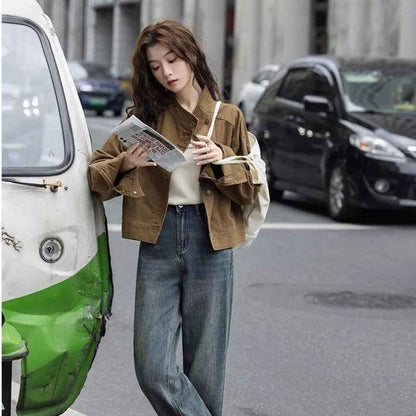 Korean Retro Workwear Stand-collar Jacket For Women