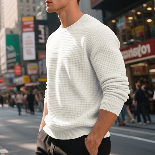 Men's Loose Simple Sports Jacquard Round Neck Sweater - Long Sleeve Athletic Top