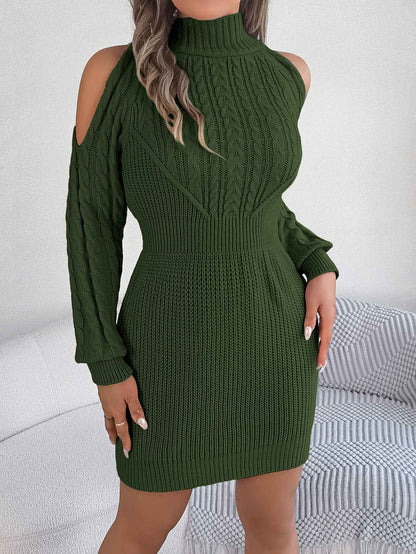 Women Casual Off-Shoulder Half Turtleneck Cable Knit Lantern Sleeve Bodycon Sweater Dress