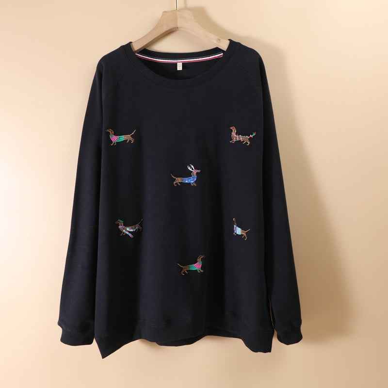 Embroidered Dachshund Dog Loose Fit Oversized Round Neck Pullover Fleece Sweatshirt