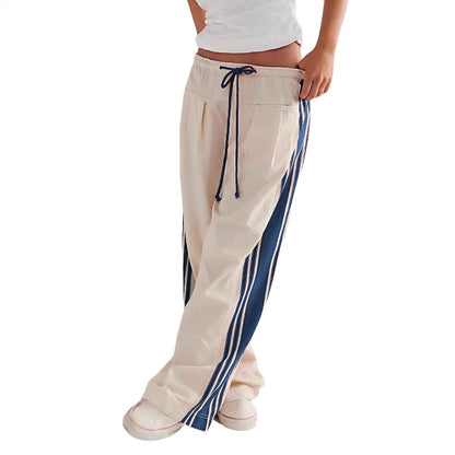 Pants With Extended Length, Contrasting Drawstring, Harem Street Style, Loose Casual Fit, With Thin Side Stripes