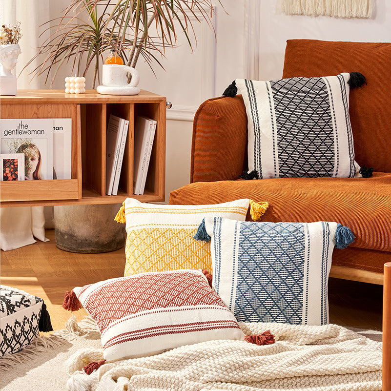 Geometric Woven Jacquard Tassel Cushion Cover