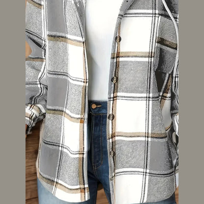 New Plaid Pattern Long Sleeved Hook And Loop Wool Lined Hooded Jacket For Warmth, Women's Plaid Hooded Drawstring Jacket, Single Breasted Closure, Comfortable And Casual - DropOnline.co