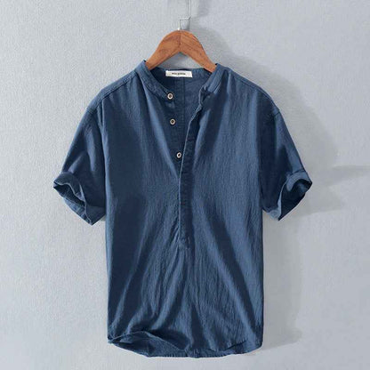 Men's Stand Collar Ice Silk Linen T-Shirt - Japanese Style Short Sleeve