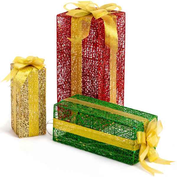 3pcs Green Gold Christmas Lighting Gift Box - 18in-15in-11in Stacking Set - DropOnline.co
