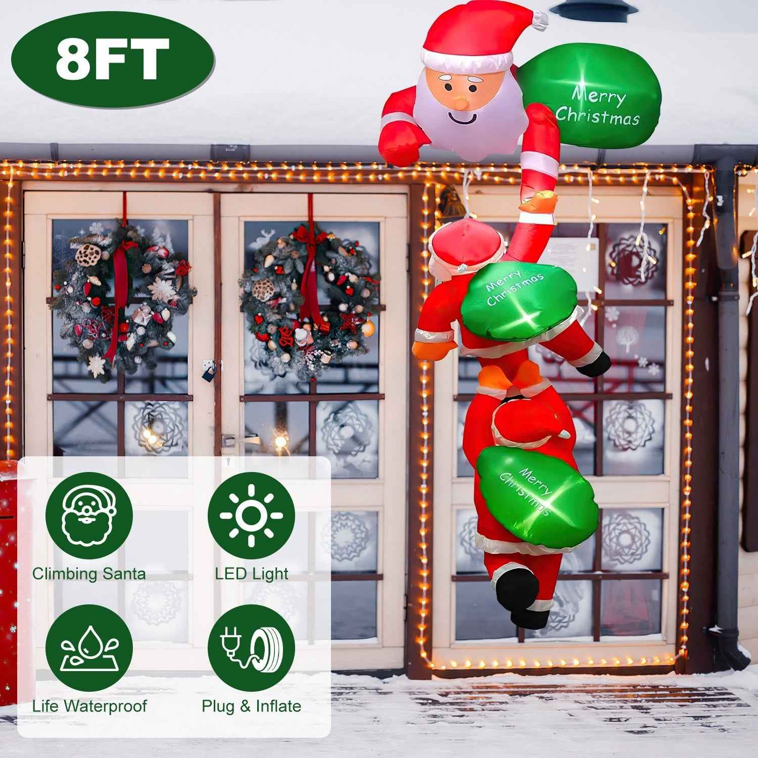 1Pc 8FT Climbing Inflatable Santa Claus With Light Hanging Blow Up Christmas Inflatable Indoor Outdoor Christmas Decorations 3 Santa Claus 3 Merry Christmas Boards