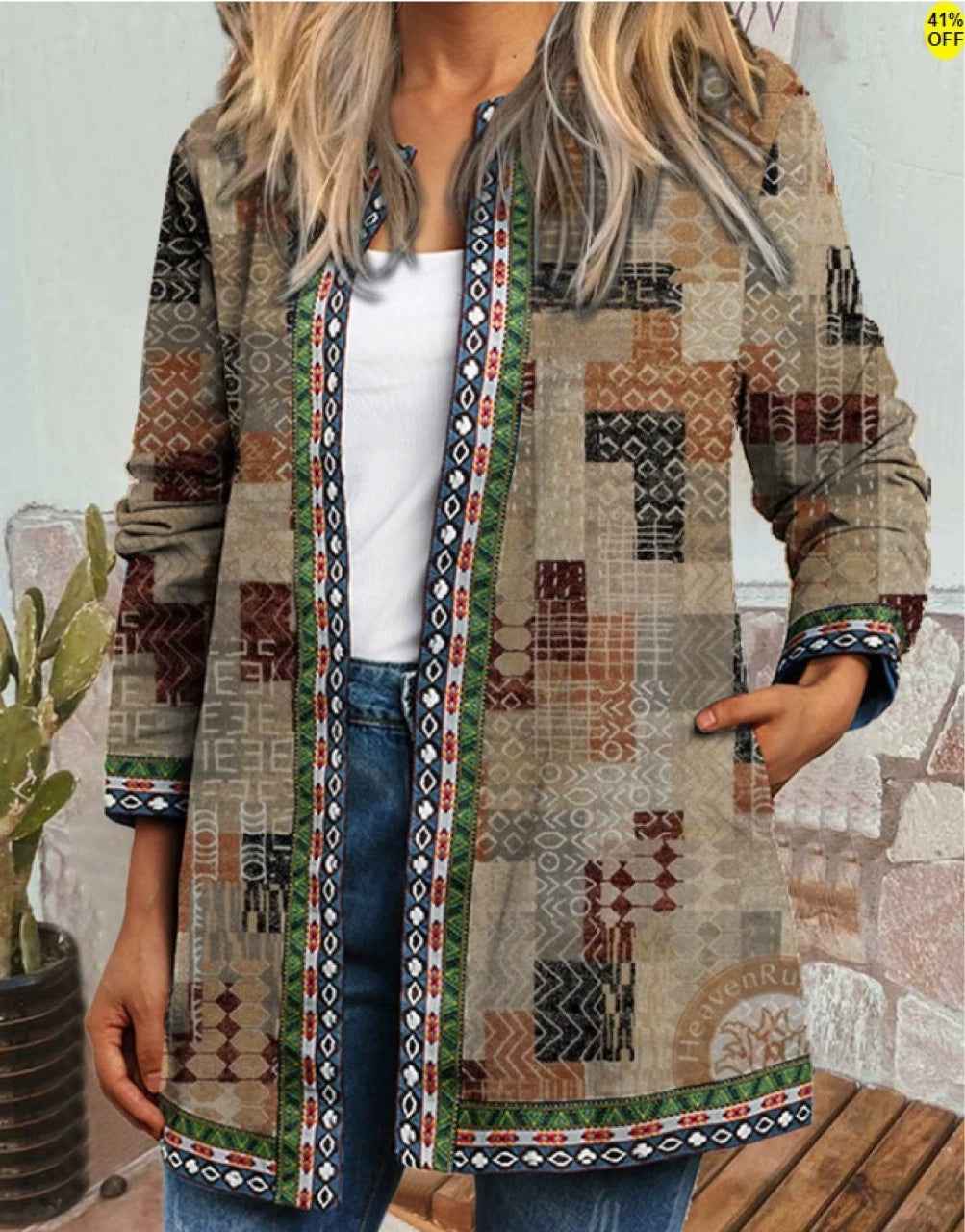 Retro Ethnic Style Printed Long-sleeve Sweatshirt Cardigan Jacket For Women