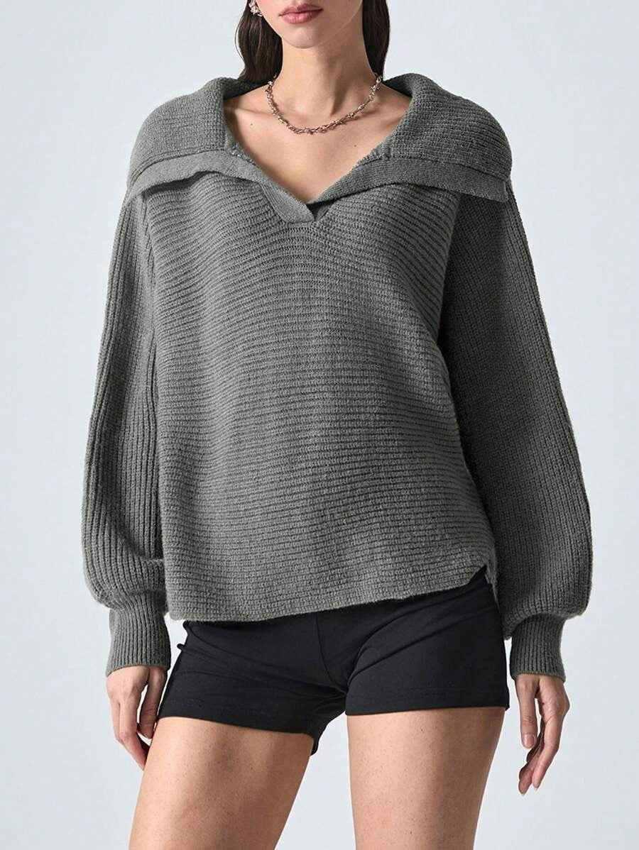 Elegant Polo Collar Solid Color Long Sleeve Knitted Pullover Sweater