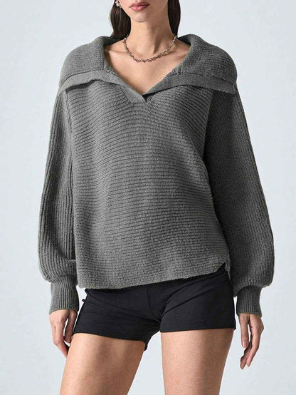 Elegant Polo Collar Solid Color Long Sleeve Knitted Pullover Sweater