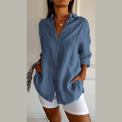Women's Lapel Long Sleeve Shirt - Single-Breasted Pleated Button-Up - DropOnline.co