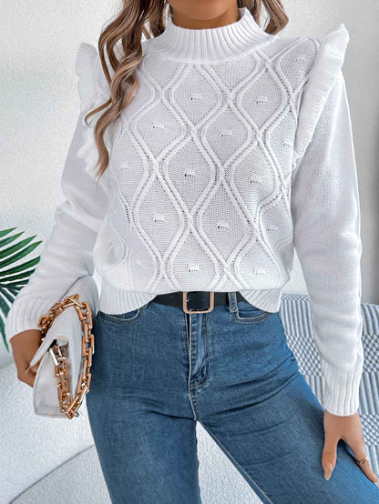 Women Solid Color Ruffled Mock Neck Long Sleeve Pullover Sweater