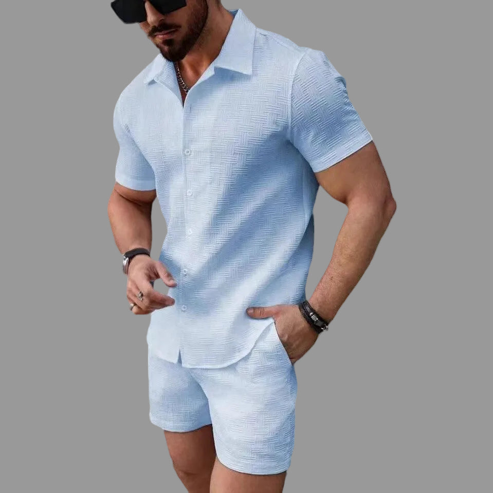 Leisure Breathable Beach Two Piece Suits Mens Summer Casual Short Sleeve Shirt And Shorts Men Outfits Vintage Textured Solid Set
