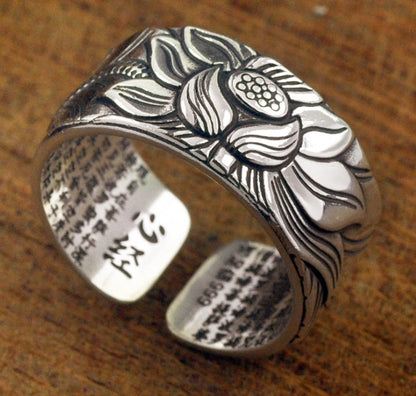 Thai Silver Black Lotus Heart Sutra  Ring - DropOnline.co