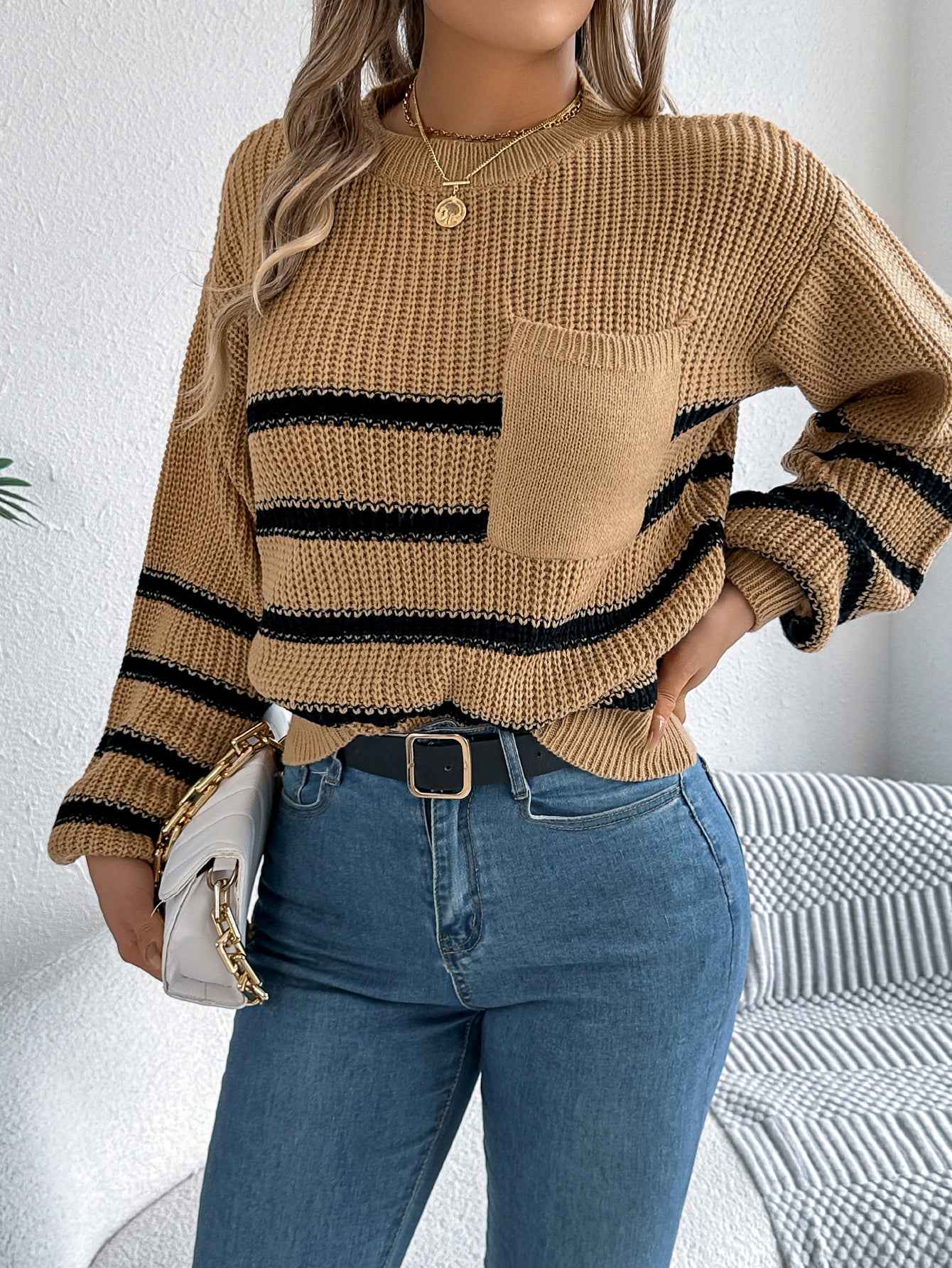 Women Casual Color Block Stripe Lantern Sleeve Pullover Sweater