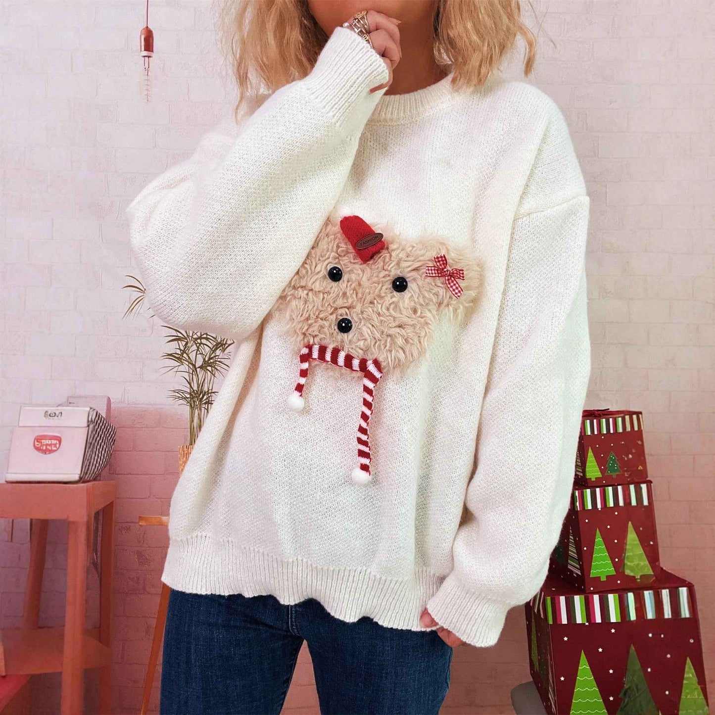 Women's Casual Round Neck Patchwork Casual Warm Sweater