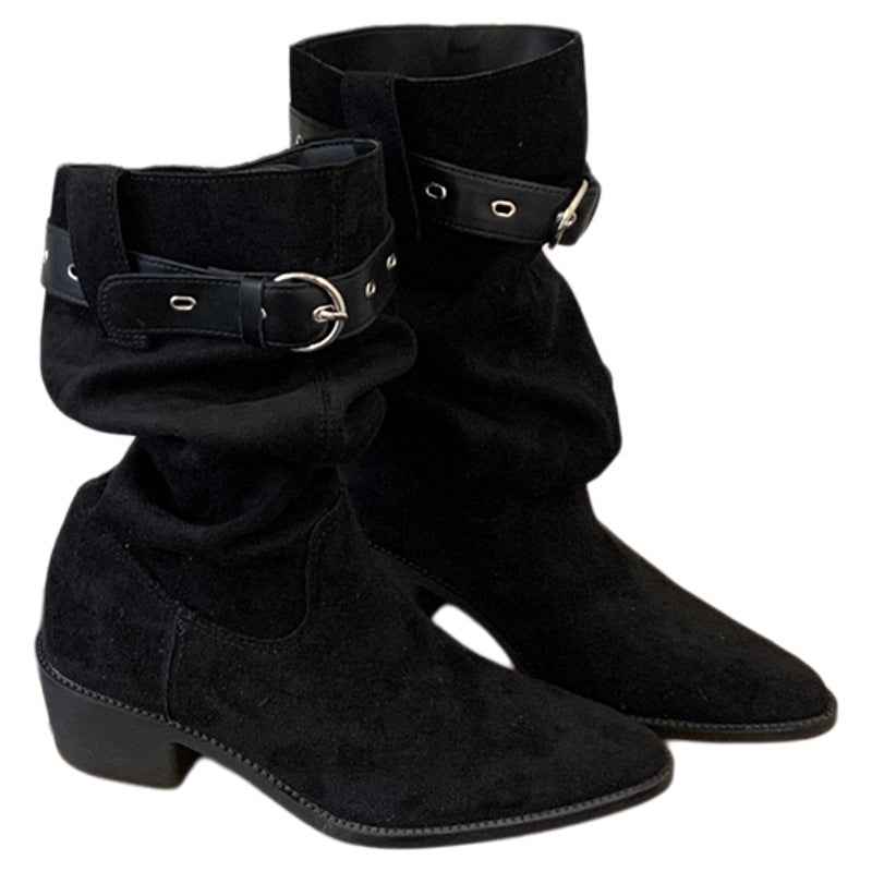 Western Cowboy Mid-calf Thick Heel Pointed Toe High Fold Stack Boots