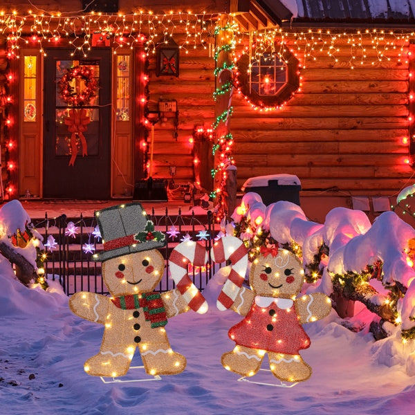 Set of 2 Lighted Gingerbread Man & Candy Cane - 80 LED Christmas Decorations