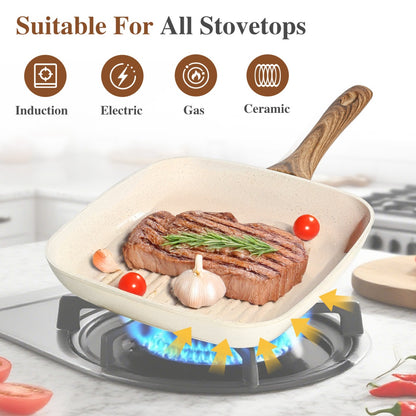 Nonstick Frying Pan Skillet Set, 3 Piece Square Grill Pans With Stay Cool Handle & PFOA Free, Compatible With All Stovetops - DropOnline.co