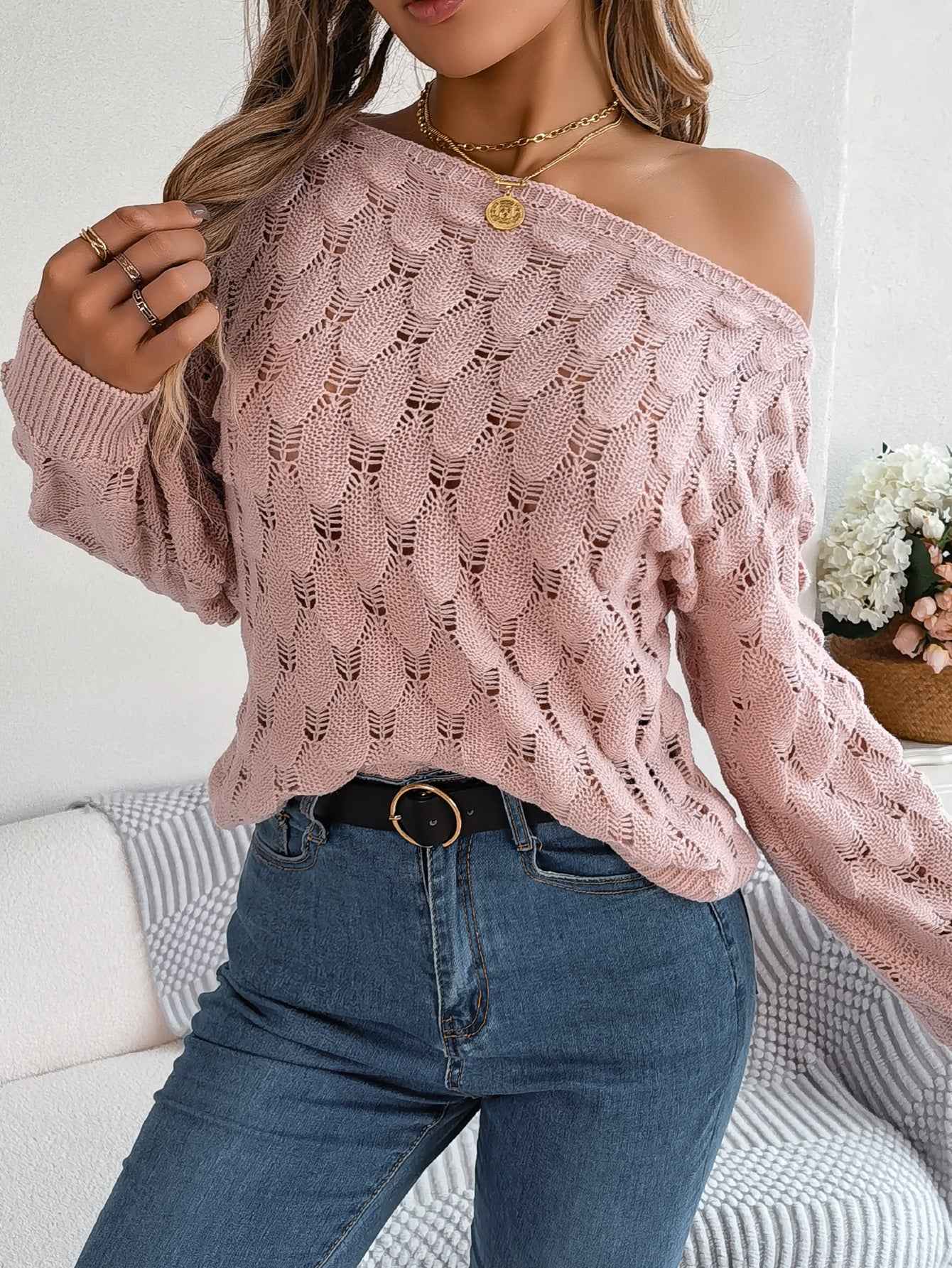 Women Casual Feather Hollow Out Off-Shoulder Lantern Sleeve Sweater