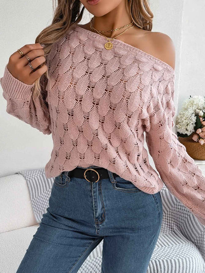 Women Casual Feather Hollow Out Off-Shoulder Lantern Sleeve Sweater
