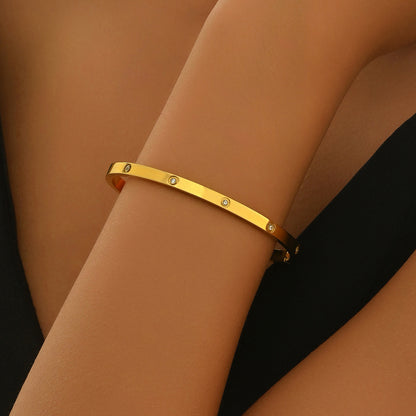 Lxalry 18K Gold Plated Stainless Steel Minimalist Bracelet Hypoallergenic Circle Rhinestone Jewelry  Secure Inlay Tarnish Free Design Skin Safe Luxury Gift For Her Golden Hour Glow, Everyday Wear A - DropOnline.co