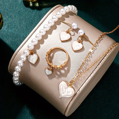 Girls Jewelry Cute All-match Oil Drop Heart Necklace Earrings Ring Bracelet Four-piece Set - DropOnline.co