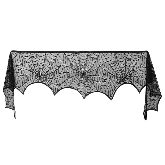 Halloween Black Lace Spiderweb Fireplace Mantle Scarf - 96 x 18 Inch